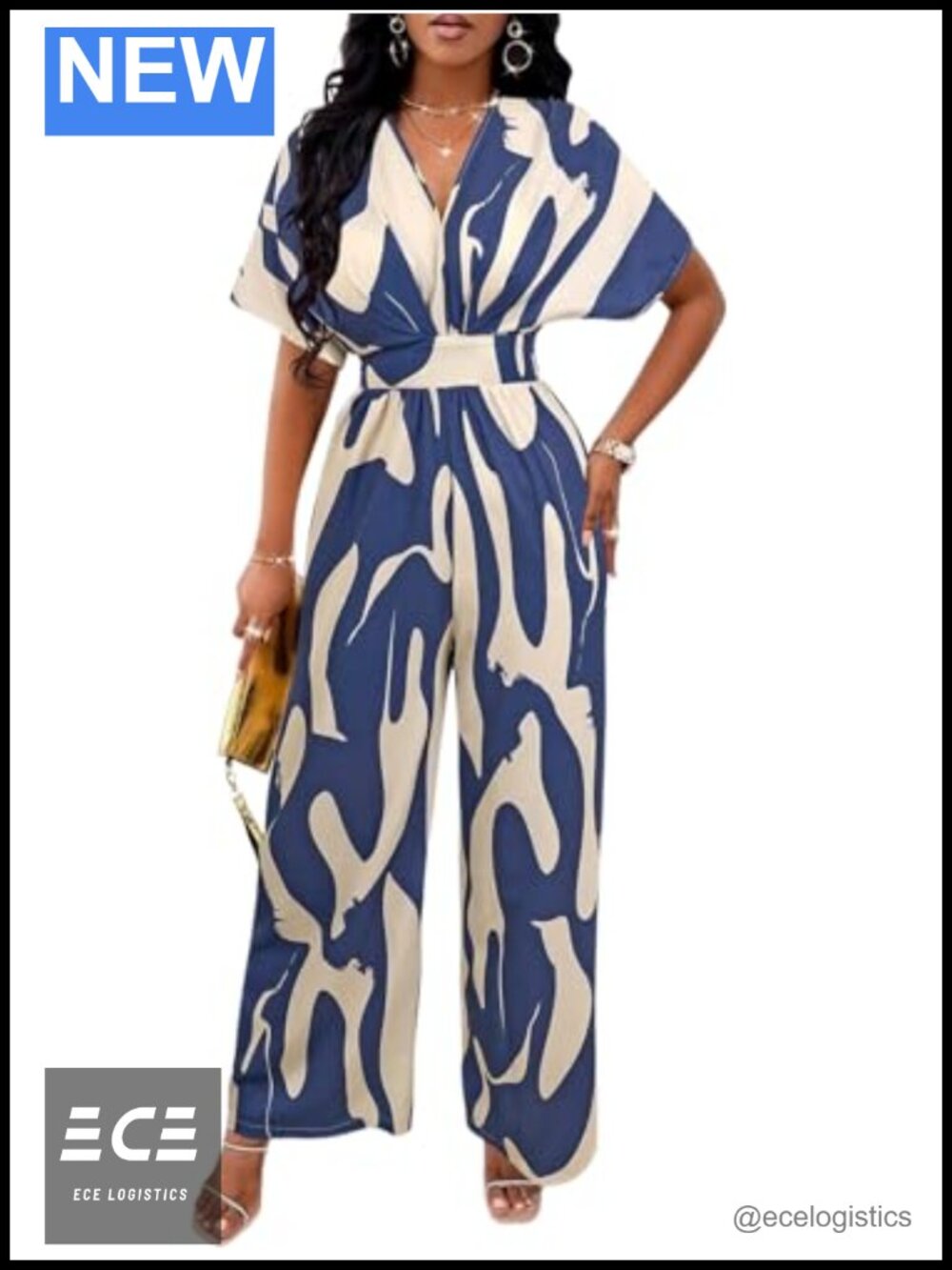 Womens V-Neck Short Sleeve Wide Leg Jumpsuit with Pockets Casual Summer